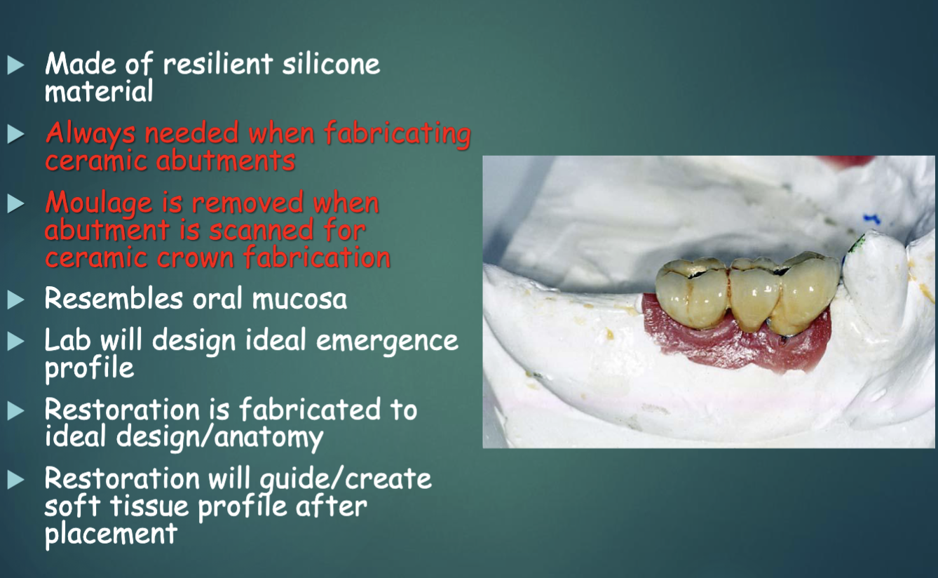 <ul><li><p>lab uses to design ideal emergence profile </p></li><li><p>restoration is fabricated to ideal design/anatomy </p></li><li><p>restoration will guide/create soft tissue profile after placement </p></li></ul><p></p>