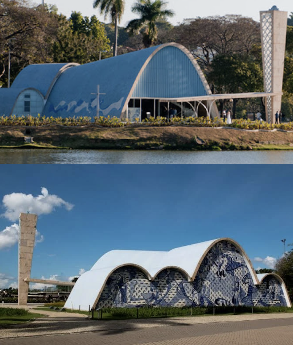 <ul><li><p>traditional church but modern</p></li><li><p>forms looks playful but actually sophisticated (parabola)</p><ul><li><p>everything calculated with subjective reaction</p></li></ul></li><li><p>concrete for murals and mosaics</p></li><li><p>Light at front, ceilings dark</p></li></ul><p></p>