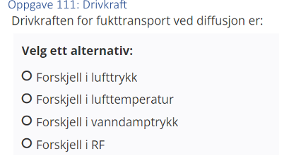 <p>(Fukt) Drivkraften for fukttransport ved diffusjon er: </p>