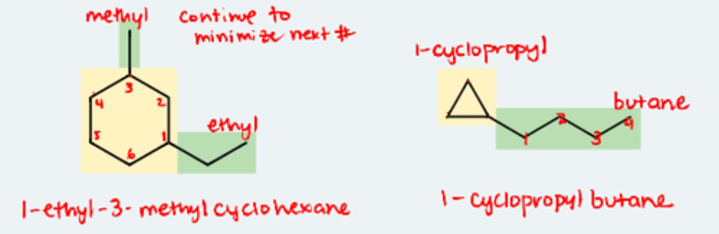 <p>The same rules apply but the cycloalkane is not counted along with a linear chain.</p><p>- parent chain is always longest carbon chain</p>