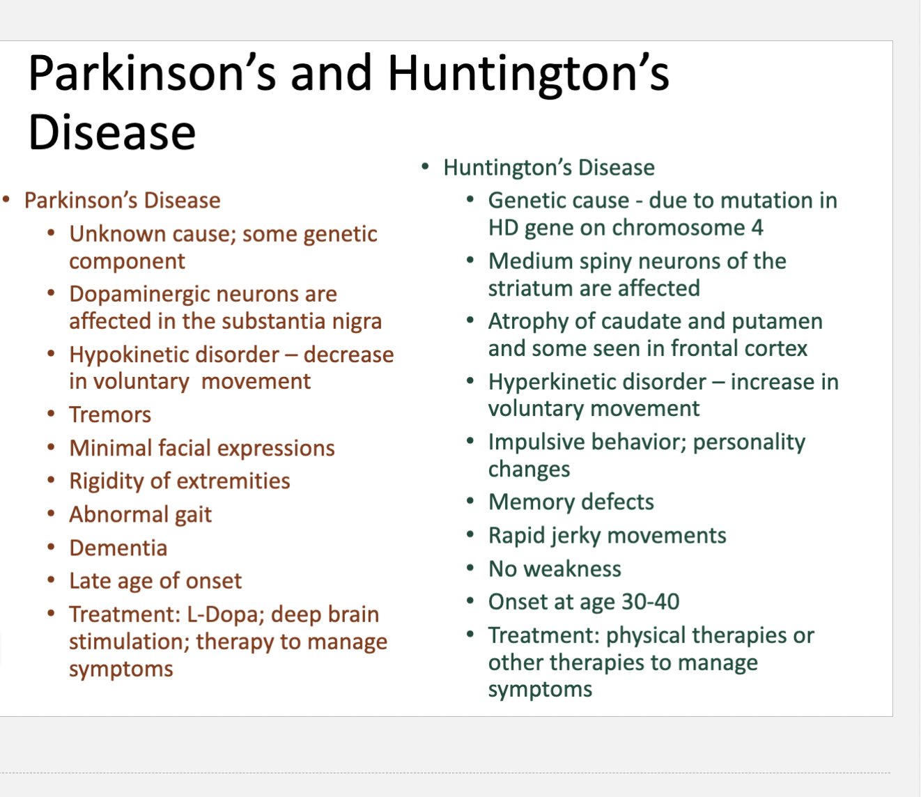 <p>Parkinson’s vs Huntington’s</p>