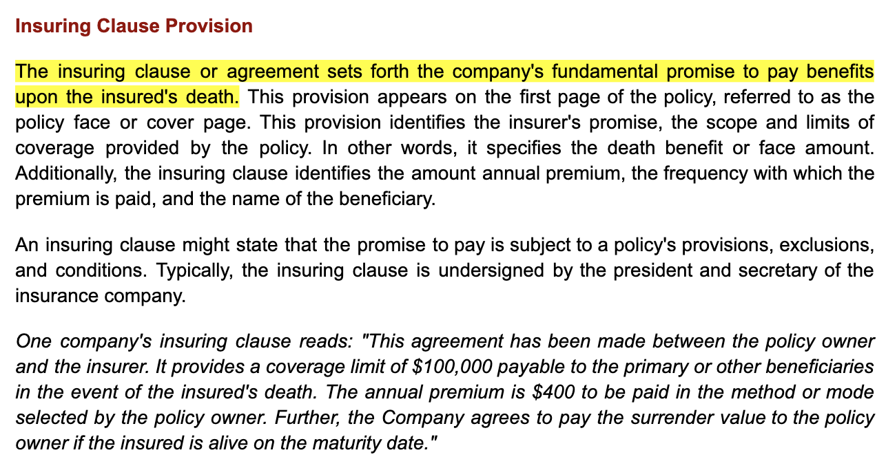 <p>Under a life insurance policy, what does the insuring clause state?</p><ul><li><p>The agent's obligation to provide the proper amount of coverage</p></li><li><p>The insurer's obligation to return all premiums upon an approved death claim</p></li><li><p>The insurer's obligation to pay a death benefit upon an approved death claim</p></li><li><p>The agent's obligation to pay a death benefit upon an approved death claim</p></li></ul>