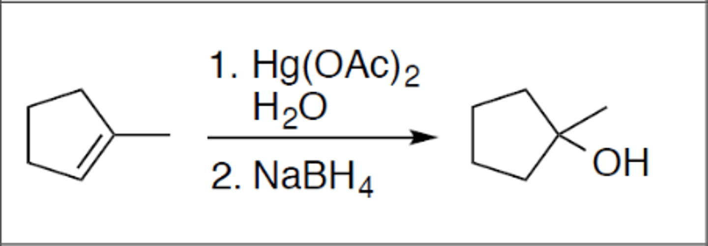 <p>Carbocation: no</p><p>Regiochemistry: mark</p><p>Stereoselectivity: none</p><p>Reagent(s): Hg(OAc)2 and H2O over NaBH</p><p>- OH added to more stable CC+ from alkene</p>