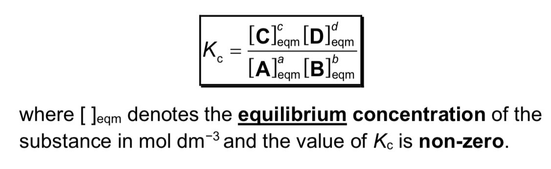 <p>→ Kc is equilibrium constant of A+B ⇌ C+D</p><p>→ units are (moldm^-3)^c+d-a-b or (moldm^-3)^c+d-(a+b)</p><p>→ Kc only changes when temperature changes</p><p></p><p>note: large Kc means we have more products than reactants</p>