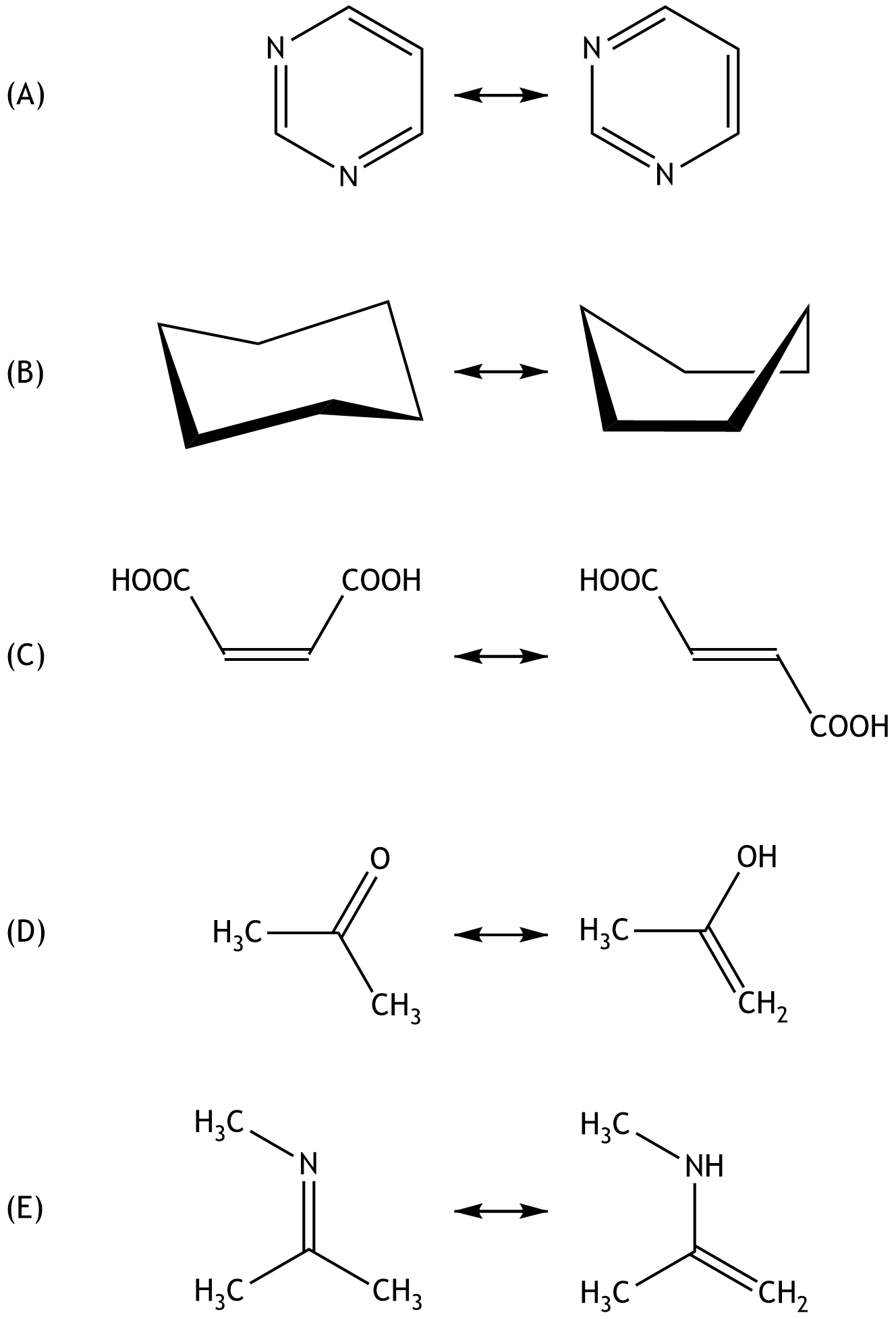 <p>58. Which of the answer choices (A) to (E) represents mesomerism (resonance)?</p><p>A. (A)</p><p>B. (B)</p><p>C. (C)</p><p>D. (D)</p><p>E. (E)</p>