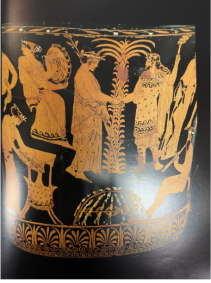 <p><span style="background-color: transparent; font-family: "EB Garamond", serif;"><span> Apollo welcomes Dionysus at Delphi (Dionyses: god of chaos, intoxication of wine), above the omphalos/Apollo: god of light , welcomes gods as well instead of just the shift of female to make . Reporesents 2 modes coexist , site shared with different models of wisdom  </span></span></p>