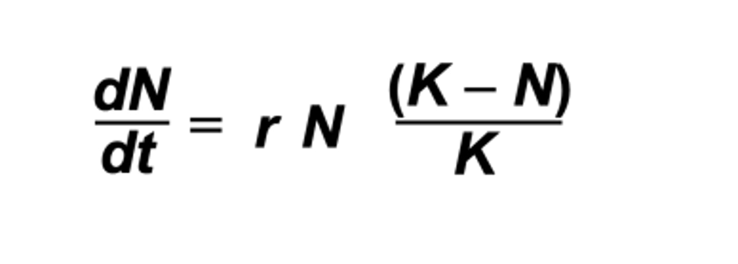 <p>exponential/ desnity independant:</p><p>∆N/∆t (Growth) = rN</p><p>logistical/density dependant:</p><p>∆N/∆t (growth) = rN x (K - N)/K</p><p>*where r is growth rate, n is numebr of individuals, and k is carrying capacity</p>