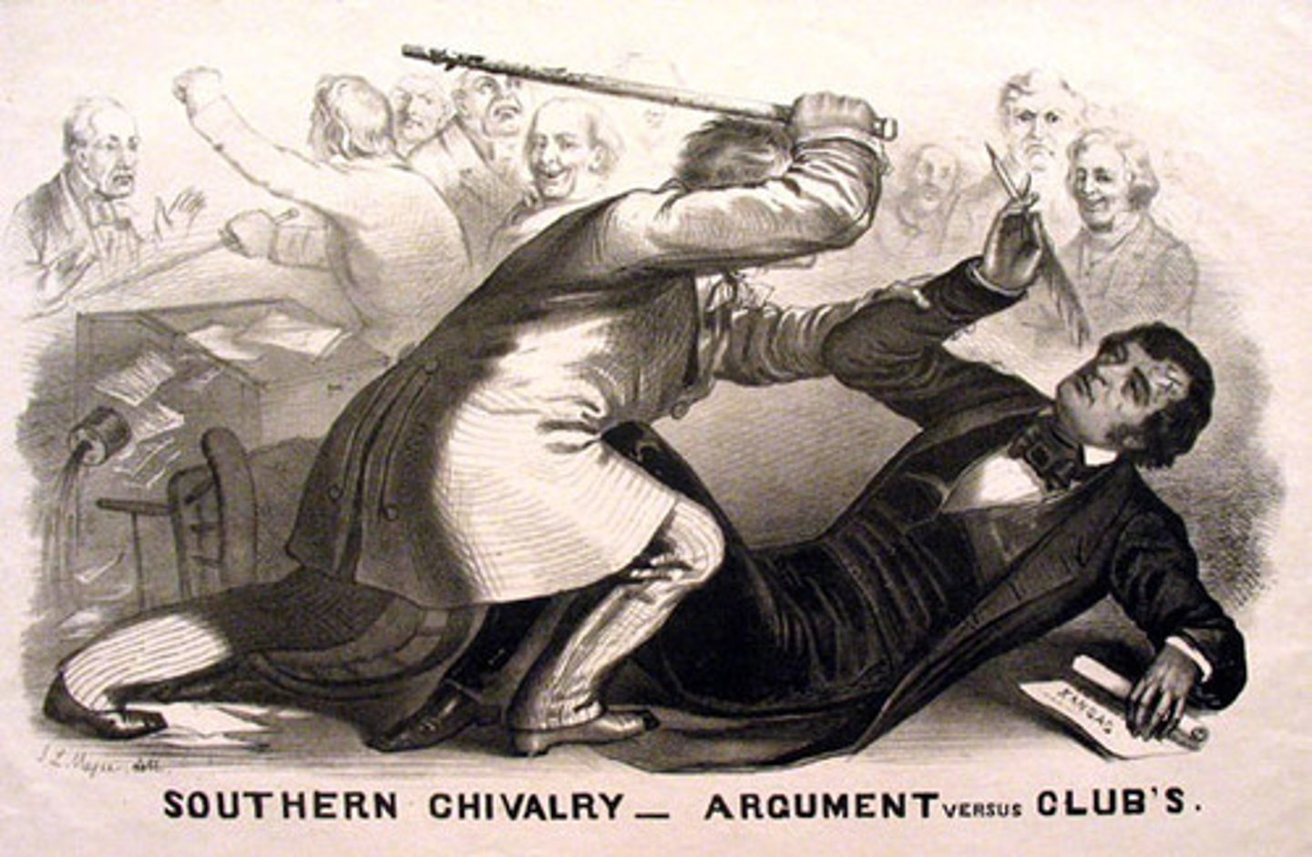 <p>Brutal attack by Congressman Preston Brooks on Senator Sumner for anti-slavery speech.</p>