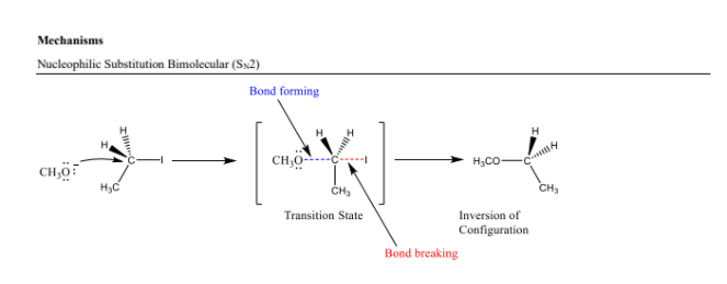 <ol>
<li>A strong nucleophile attacks the electrophile. 2. The leaving group departs simultaneously in a single concerted step. Recognized by: A primary substrate and strong nucleophile.</li>
</ol>