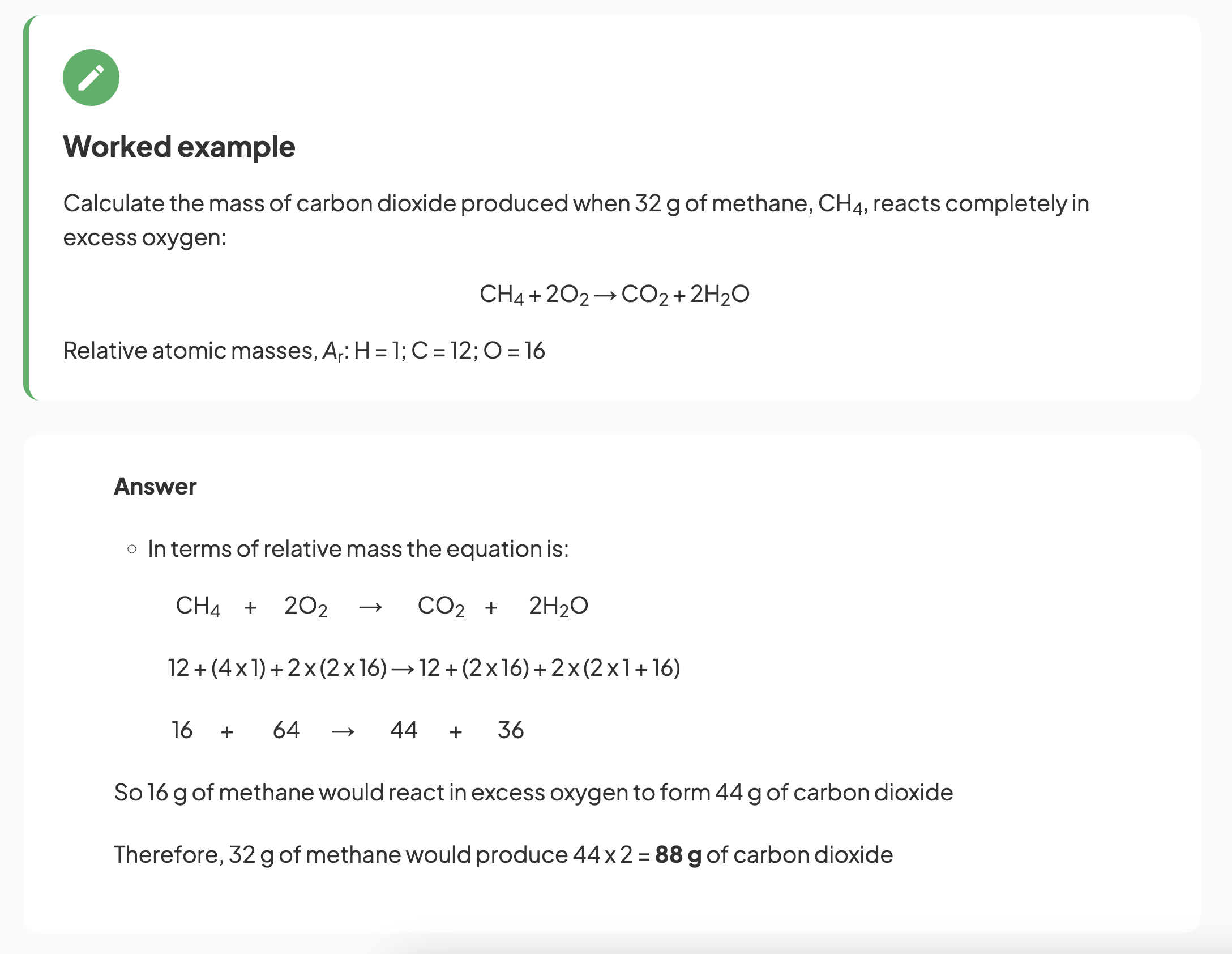 <ul><li><p>The <span style="color: red">relative molecular masses</span> give the <strong>ratios</strong> of each element and compound in a reaction.</p></li><li><p>Use the ratios, we can find the masses of each substance in a reaction.</p></li></ul>