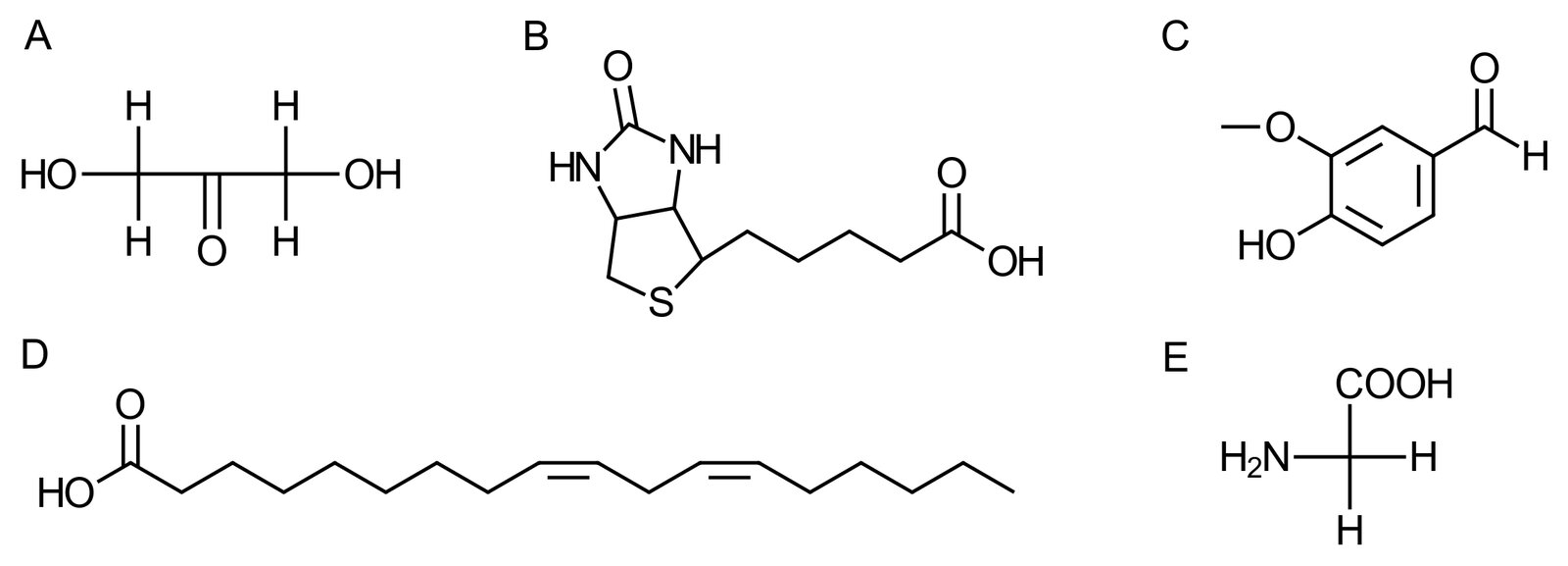 <p>70. Which of the molecules shown in the figure has a chiral center and is therefore an enantiomer?</p><p>A. A</p><p>B. B</p><p>C. C</p><p>D. D</p><p>E. E</p>