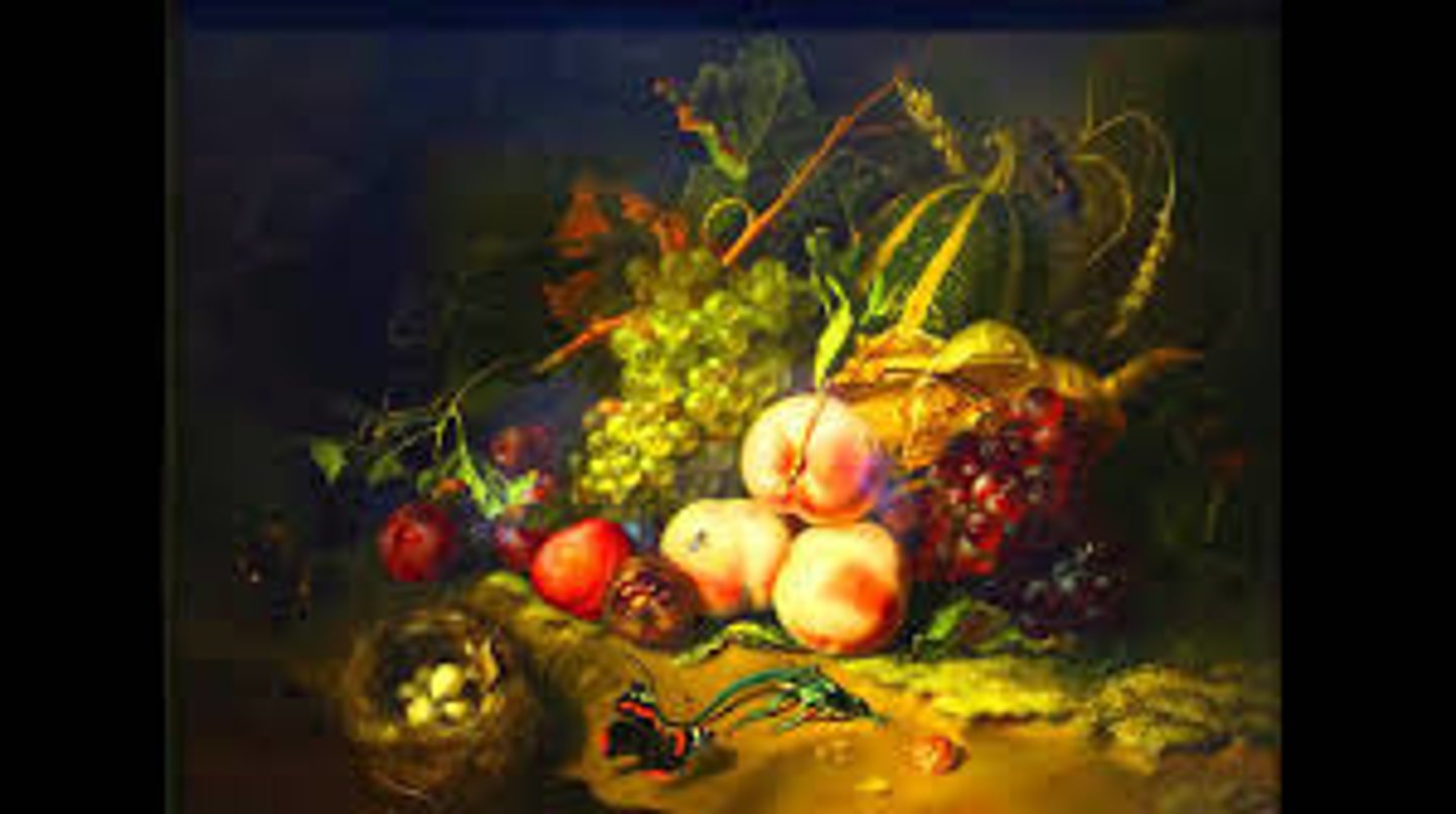 <p>Form:<br>-still life<br>-Baroque<br>-oil on wood<br>-colors, detailed<br>Content:<br>-insects, fruit<br>-wheat and grapes= Jesus?<br>-bringing different compositions together<br>Function:<br>-harvest in autumn<br>-microscopic organisms: used microscope to study these organisms<br>Context:<br>-artist: Rachel Ruysch (Dutch arist; last famous still painter)<br>-Florence, Italy 1711 CE (18th century)</p>