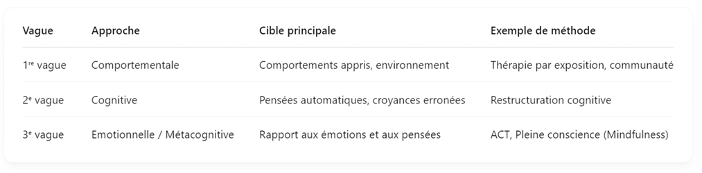 <ul><li><p><strong>1ère vague : </strong>thérapies comportementales (apprentissage classique et opérant)</p><p></p></li><li><p><strong>2ème vague :</strong> thérapie cognitive (focus sur les pensées)</p><p></p></li><li><p><strong>3ème vague :</strong> centration sur émotions et aspects métacognitifs</p><p></p><p><span style="color: #c3115a">Toutes ces vagues co-existent dans les addictions</span></p></li></ul><p></p>