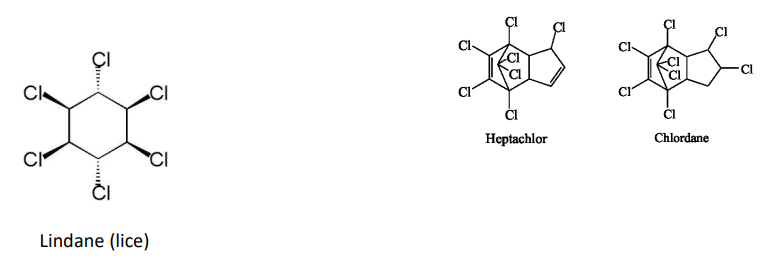 <p>Organochlorine insecticides that interfere with gamma-aminobutyric acid (GABA)-mediated neurotransmission. Blockage of these channels reduces neuronal inhibition, leading to hyper-excitation of the CNS, convulsions, and death. They are readily absorbed by the skin.</p>