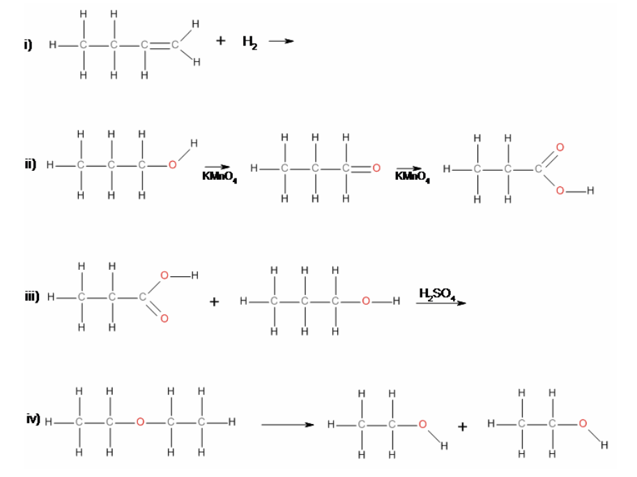 <p>40. In reaction iii), the product is</p><table style="min-width: 150px"><colgroup><col style="min-width: 25px"><col style="min-width: 25px"><col style="min-width: 25px"><col style="min-width: 25px"><col style="min-width: 25px"><col style="min-width: 25px"></colgroup><tbody><tr><td colspan="1" rowspan="1"><p class="p1">a.</p></td><td colspan="1" rowspan="1"><p class="p1">propyl butanoate.</p></td><td colspan="1" rowspan="1"><p class="p1">c.</p></td><td colspan="1" rowspan="1"><p class="p1">propyl propanoate.</p></td><td colspan="1" rowspan="1"><p class="p1">e.</p></td><td colspan="1" rowspan="1"><p class="p1">None of a), b), c) or d).</p></td></tr><tr><td colspan="1" rowspan="1"><p class="p1">b.</p></td><td colspan="1" rowspan="1"><p class="p1">ethyl propanoate.</p></td><td colspan="1" rowspan="1"><p class="p1">d.</p></td><td colspan="1" rowspan="1"><p class="p1">butyl propanoate.</p></td><td colspan="2" rowspan="1"><p class="p2"></p></td></tr></tbody></table><p></p>