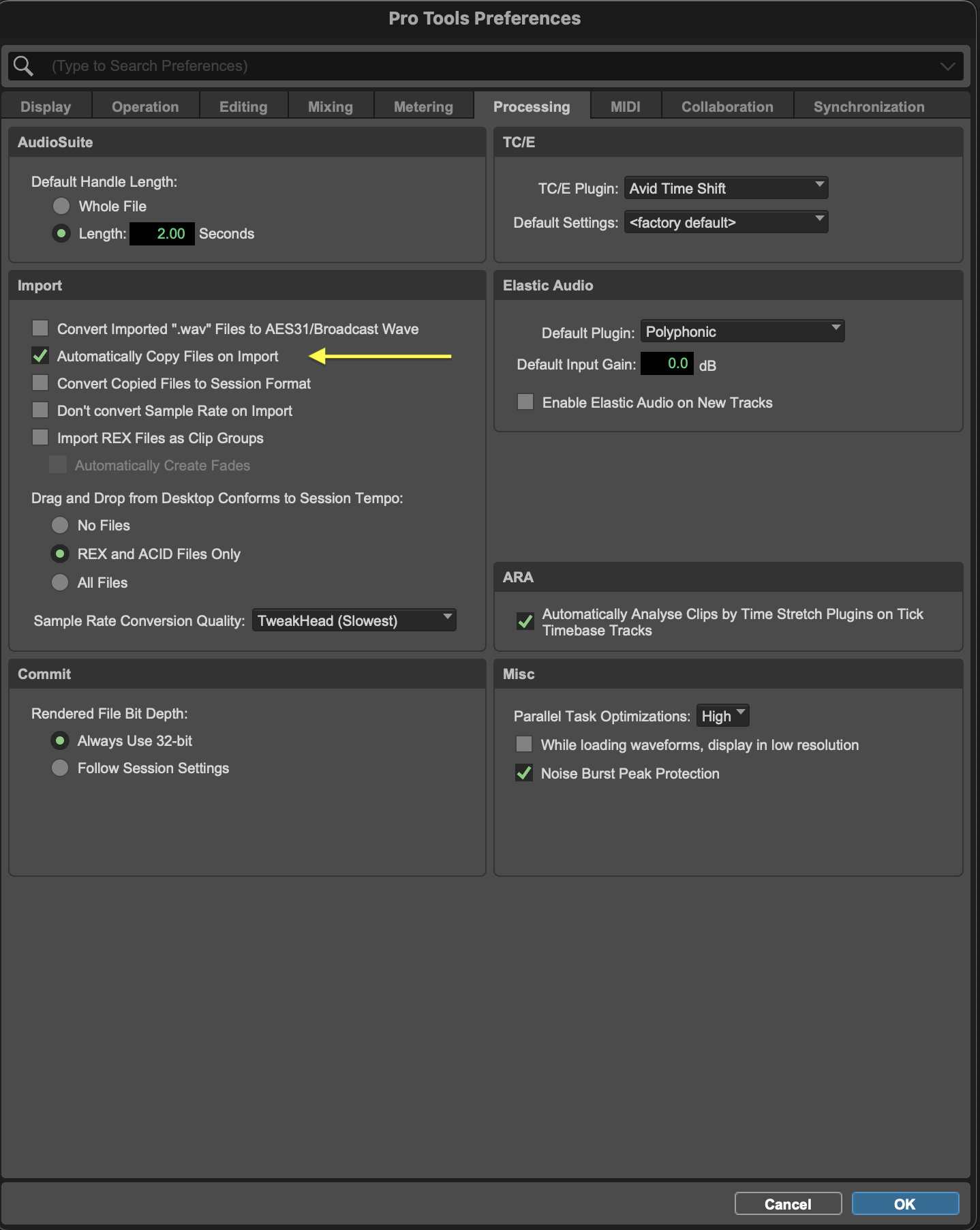 <p>Setup &gt; Preferences &gt; Processing &gt; Automatically Copy Files on Import</p>