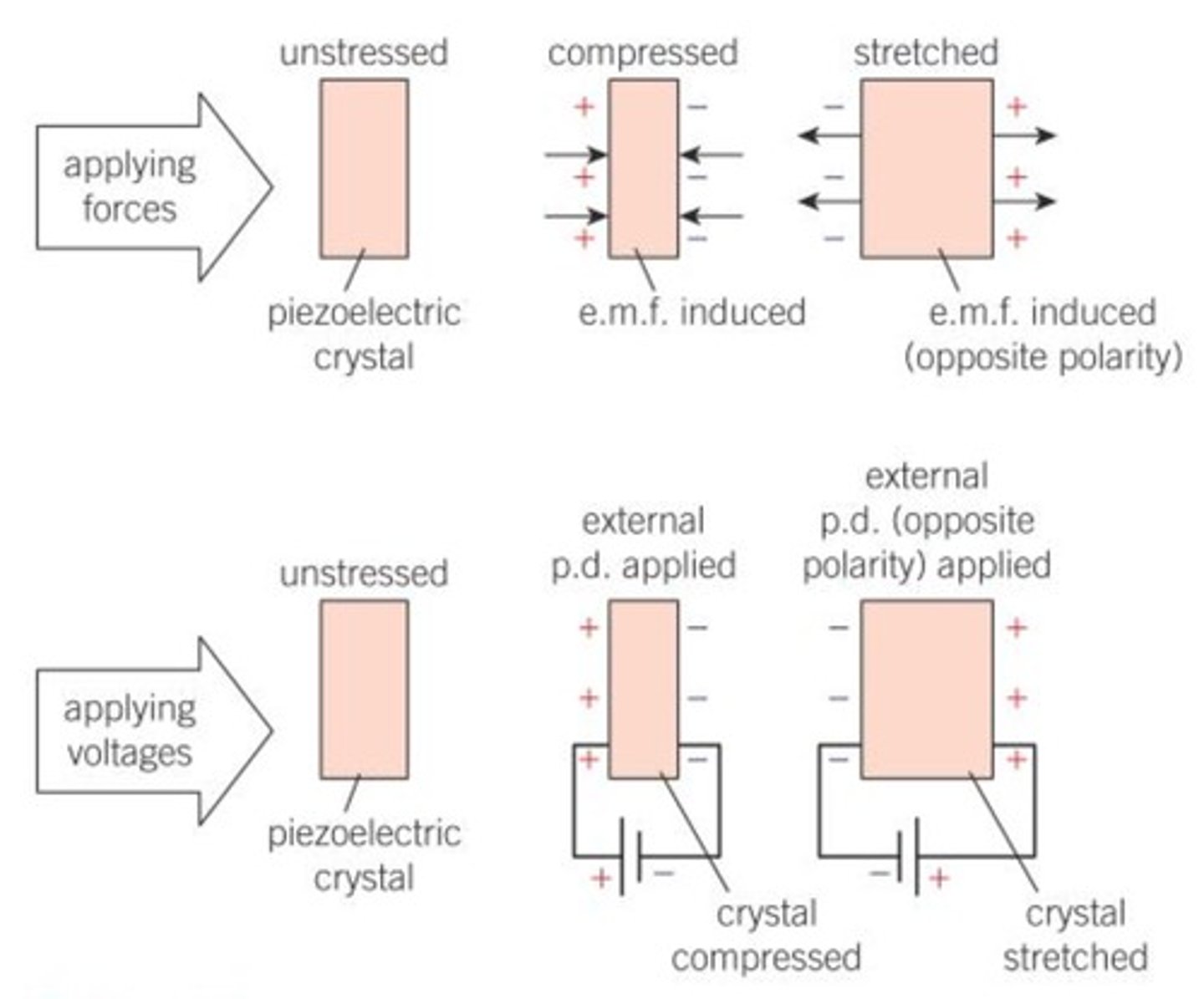 <p>- a piezoelectric material (e.g. certain crystals) generates a voltage when it is contracted or expanded or will contract and expand if a voltage is applied</p>