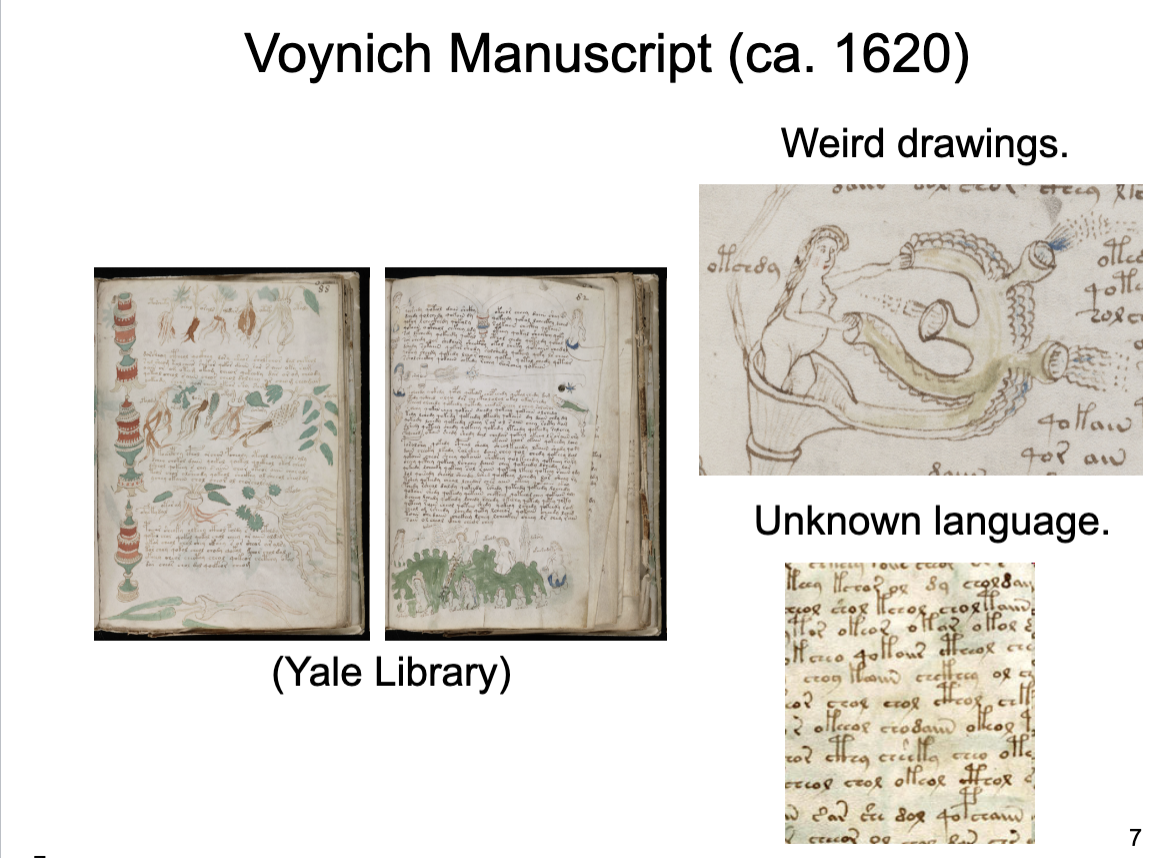 <p><span><span>An undeciphered medieval manuscript (ca. 15th century) written in an unknown script, containing illustrations, held at Yale University Library.</span></span></p>
