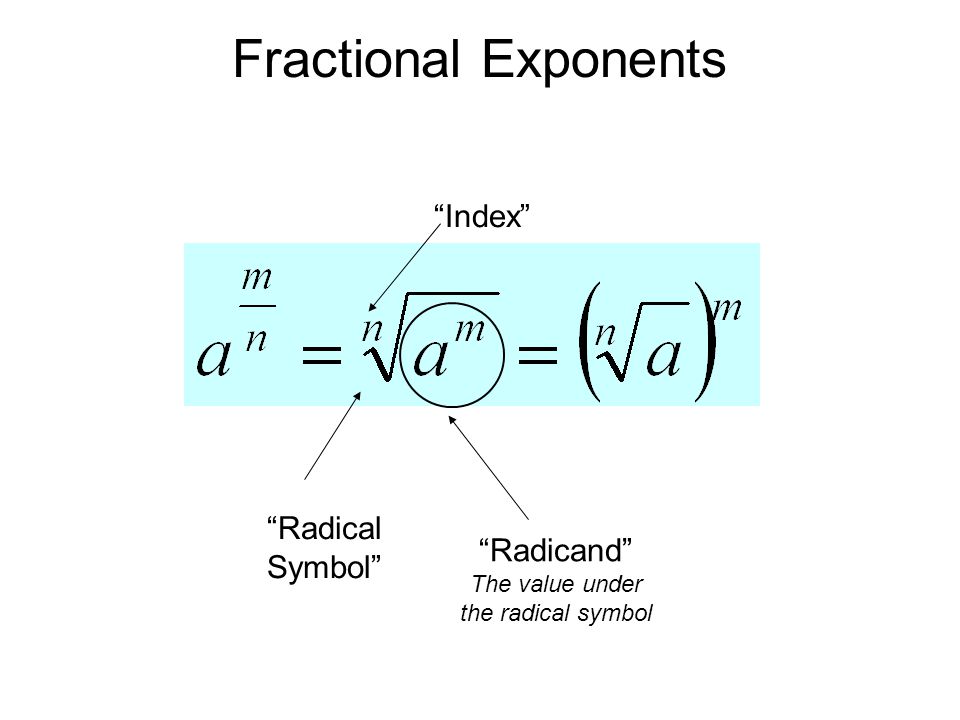 <p>value and the numerator go underneath the radical (aka it becomes the radicand) while the denominator becomes the index</p>