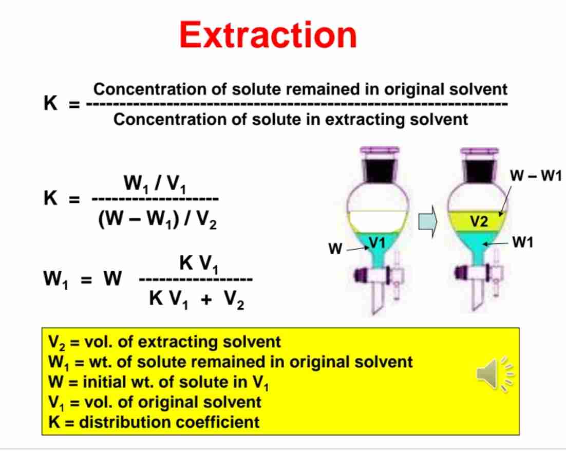 <p>A:W1=W(KV1+V2) , where K is the partition coefficient, V1​ and V2 are solvent volumes.</p>