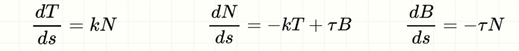 <p>Relaciones entre derivadas de T, N y B respecto al arco:<br />
dT/ds = kN  <br />
dN/ds = −kT + τB  <br />
dB/ds = −τN</p>