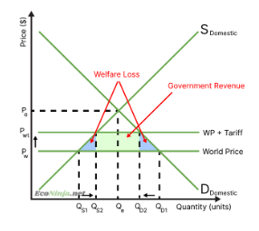 <ul><li><p>the gained surplus for producers is smaller than the lost surplus for consumers</p></li><li><p>hence, tariffs make markets less efficient, as they reduce the social/community surplus.</p></li></ul><p></p>