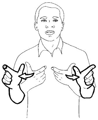 <p>With both hands signing &quot;L,&quot; start with the hands close but not touching and with palms facing your chest, and then rotate them out and away</p>