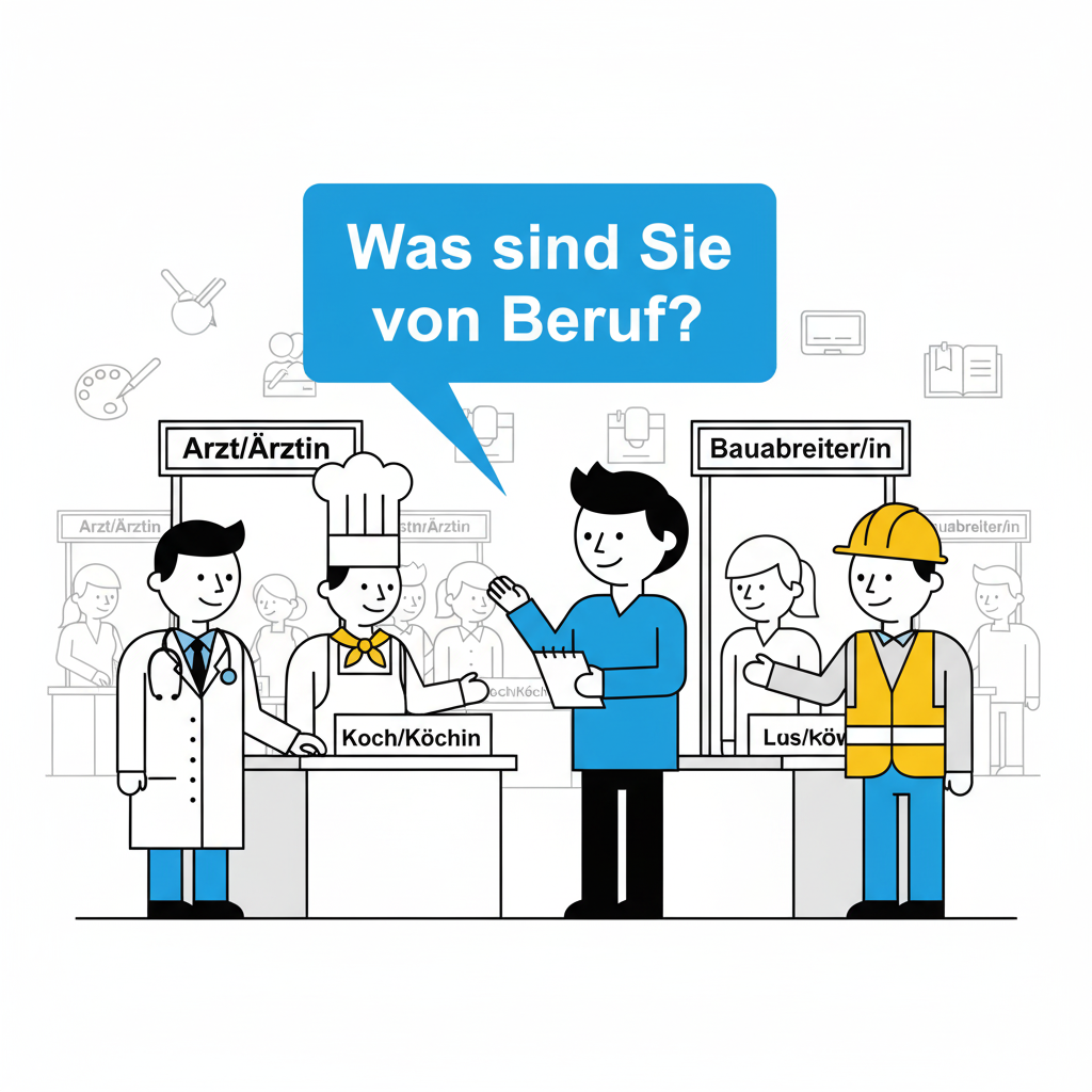 <p>Was sind Sie von Beruf?<br>Was bist du von Beruf?<br>Was ist ihr <strong><mark data-color="#NaNNaNNaN" style="color: inherit;">Beruf?</mark></strong></p><p><br>A: "Guten Tag. Mein Name ist Schmidt. Was sind Sie <strong>von Beruf</strong>?" </p><p>B: "Guten Tag. Ich bin <strong>Verkäuferin</strong> von Beruf."</p>