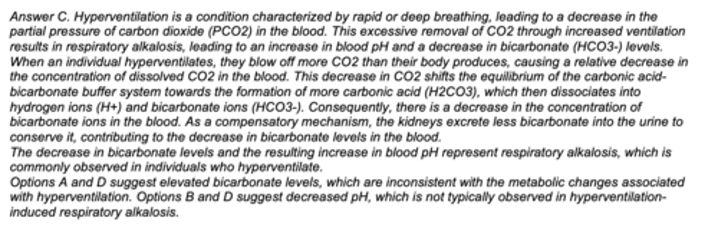 <p>C. increased pH, decreased bicarbonate (HCO3-)</p>