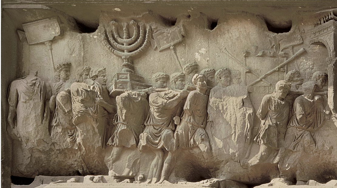 <p>Which of the following statements about this relief sculpture from the Arch of Titus is&nbsp;<strong>not true</strong>?</p><ul><li><p><span>It depicts captured and enslaved prisoners of war.</span></p></li><li><p><span>It includes victory iconography such as the triumphal arch and laurel wreaths.</span></p></li><li><p><span>It depicts a Roman Triumph procession.</span></p></li><li><p><span>It includes depictions of the spoils of war.</span></p></li></ul><p></p>