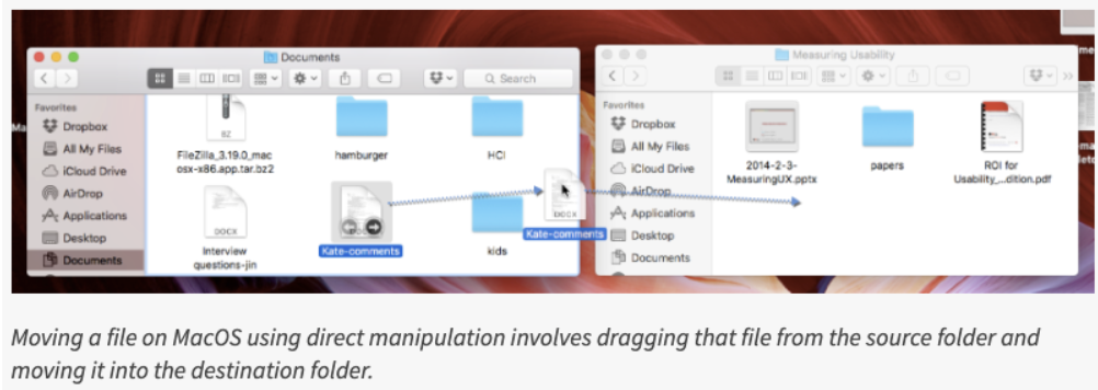 <p><span style="background-color: transparent; font-family: &quot;Trebuchet MS&quot;, sans-serif;">Direct manipulation (DM) is an interaction style in which users act on displayed objects of interest using physical, incremental, reversible actions whose effects are immediately visible on the screen.</span></p><p><span style="background-color: transparent; font-family: &quot;Trebuchet MS&quot;, sans-serif;"><strong>The performed action should be similar to the natural one</strong></span></p>