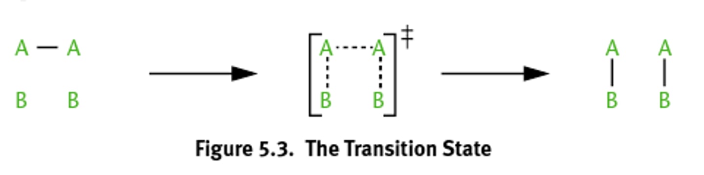 <p>States that molecules form a transition state or activated complex during a reaction in which the old bonds are partially broken and new bonds partially formed.</p>