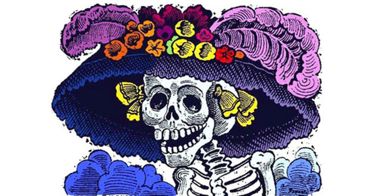 <p>Among the most iconic images associated with Day of the Dead; Depicted as an elegantly dressed skeleton figure wearing a formal gown and large feathered hat</p>