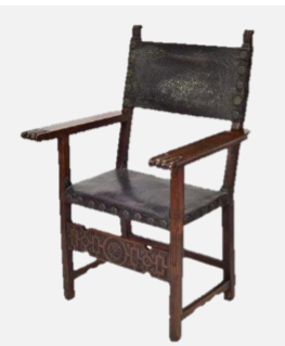<p><span style="color: rgb(0, 0, 0);">- Also known as monk’s chair<br>- This chair was rectangular, with a<br>leather, velvet, or damask seat<br>- a back ornamented with decorative<br>nailheads.<br>- The legs extended above the seat<br>to form arms at the front and the<br>rear back supports, which often<br>ended with finials.<br>- Low stretchers braced the legs and<br>the broad front stretcher was often<br>decorated or pierced chiseled<br>grooves.</span></p><p></p>