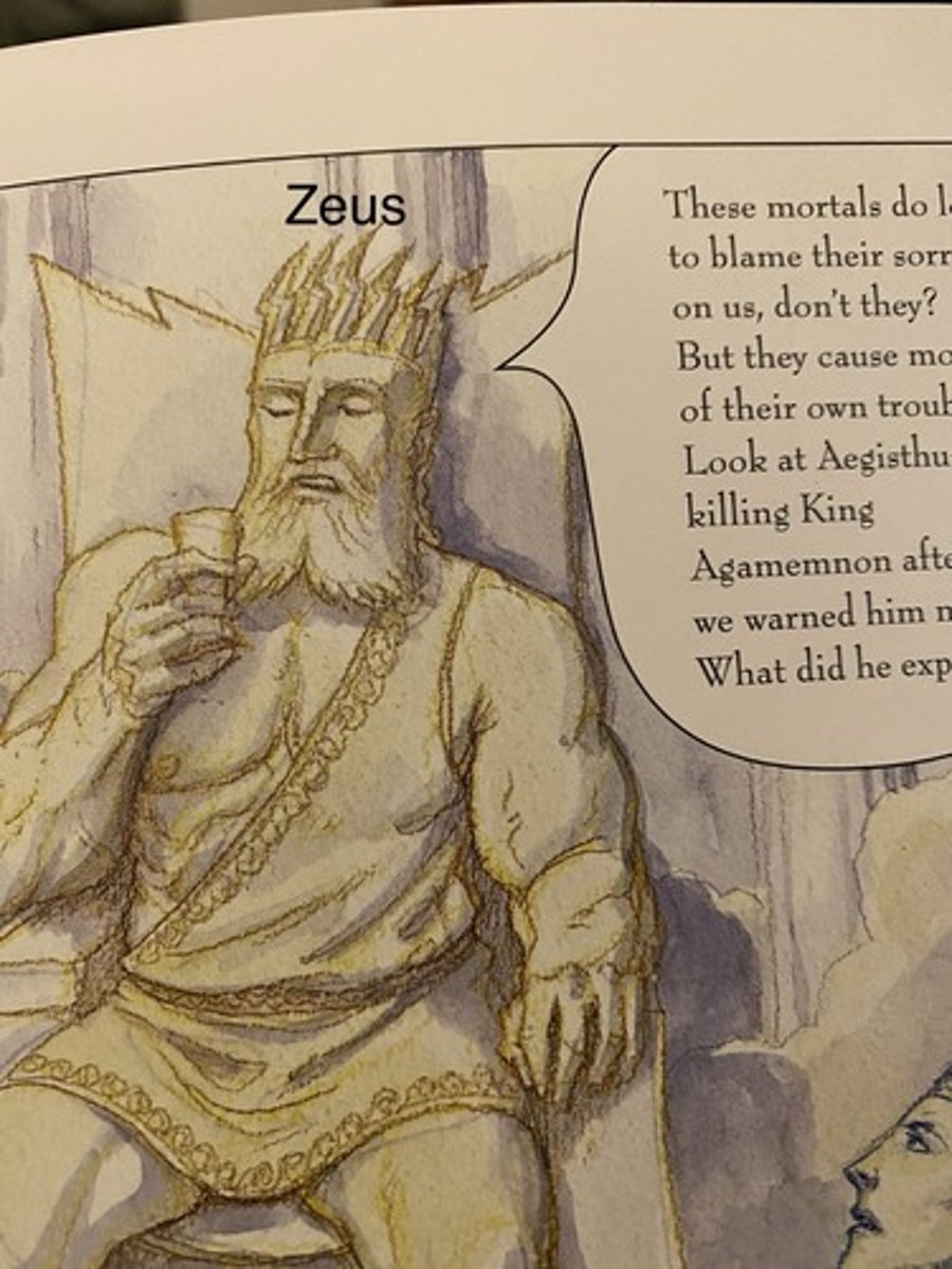 <p>King of gods. Allows Athena to help Odysseus, and sends Hermes to tell Calypso to free Odysseus.</p>