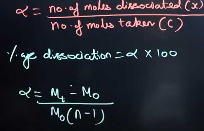 <p>where,</p><p>M<sub>t </sub>= Theoretical molar mass (which you get from calcluating for GMM/ Other word for GMM)</p><p>M<sub>o</sub> = Observed molar mass</p><p>n = number of gaseous molecules formed by the dissociation of 1 gas molecule</p>
