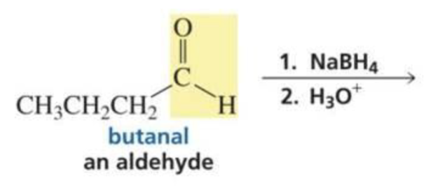 <p>What is formed with:</p><p>Aldehyde + hydride ion (BH4)</p>