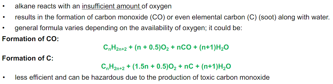 <p>Combustion that occurs with limited oxygen, producing carbon monoxide or soot (carbon) along with water.</p>