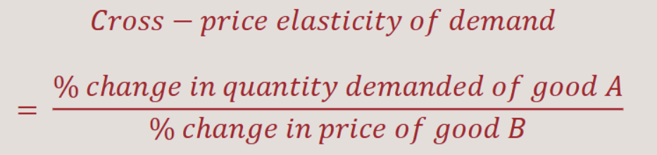 <p>How much the quantity demanded of one good responds to a change in the price of another good</p><p></p><p><strong>1) substitutes:</strong></p><p>cross-price elasticity of demand is <strong>positive </strong>.</p><p>An increase in the price of one brand of cookies will increase the demand for other brands.</p><p></p><p><strong>2) complements:</strong></p><p>cross-price elasticity of demand is <strong>negative</strong>.</p><p>An increase in the price of milk causes a decrease in demand for Oreos.</p><p></p><p></p>