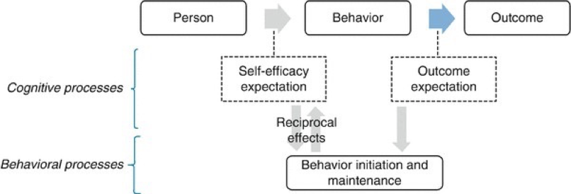 <p>Three observable elements: <strong>person, behavior, outcome</strong></p><ul><li><p><strong>Self-efficacy</strong>: your expectation that you can engage in health behaviour and that it will help you</p></li><li><p><strong>Outcome expectation</strong>: if I engage in this health behaviour, will it lead to the desired outcome?</p></li></ul><p></p>