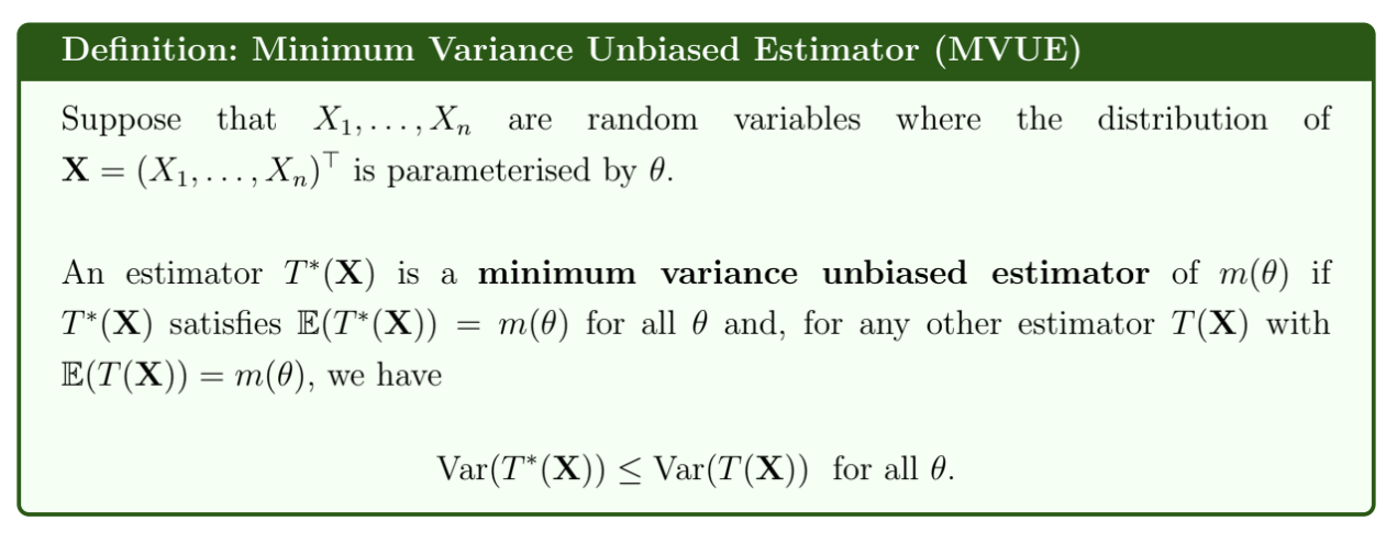 <p>The variance may not attain the CRLB - if it does, it is a minimum variance bound unbiased estimator</p><p></p><p>The minimum variance unbiased estimator is unique</p><p></p><p>If $$T(X)$$ is the MVUE of $$m(\theta)$$, then $$T(X)$$ must be uncorrelated with all unbiased estimators of 0. If an estimator is correlated with a random noise, then it can be improved.</p>
