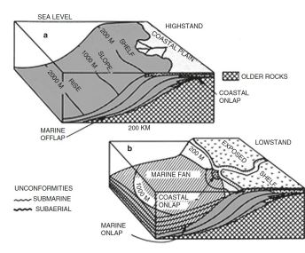 <ul><li><p>Transgressions</p><ul><li><p>sediment strata wider, shallower</p></li></ul></li><li><p>Regressions</p><ul><li><p>Erosion on the shelf (hiatus)</p></li><li><p>Deeper accumulation</p></li></ul></li></ul><p></p>