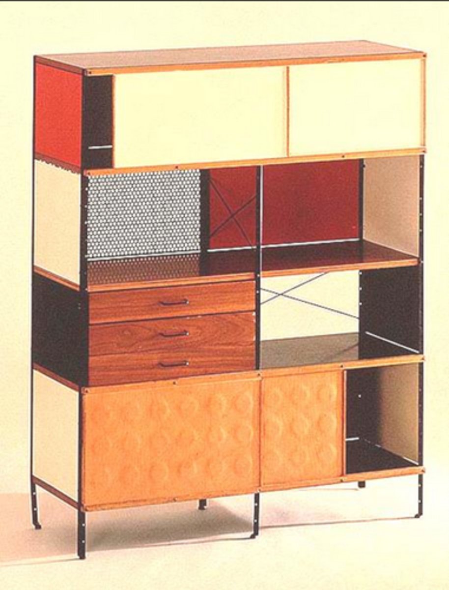 <p>steel structure<br>birch<br>walnut<br>plastic<br>plywood shelves and drawers<br><br>modular, different configurations of the panels<br>similar to their house</p>