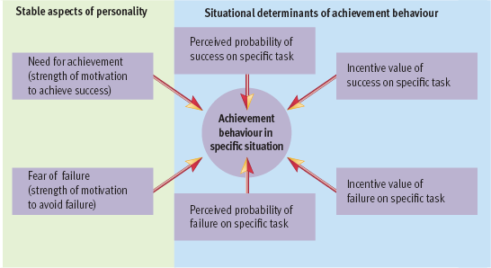 <p>Achievement behavior is influenced by both <strong>personal traits and external factors</strong>:</p><ol><li><p><strong>Motivation to Achieve Success</strong>:</p><ul><li><p>A stable aspect of personality that <strong>determines how much a person values success</strong>.</p></li></ul></li><li><p><strong>Probability of Success (Expectancy of Success)</strong>:</p><ul><li><p>People assess whether they are <strong>likely to succeed</strong> based on <strong>past experiences, task difficulty, and perceived skill level</strong>.</p></li></ul></li><li><p><strong>Incentive Value of Success</strong>:</p><ul><li><p>The <strong>tangible (e.g., money, awards) and intangible (e.g., personal satisfaction, recognition) rewards</strong> for achieving a goal.</p></li><li><p><strong>Higher rewards increase achievement motivation.</strong></p></li></ul></li></ol><p></p>