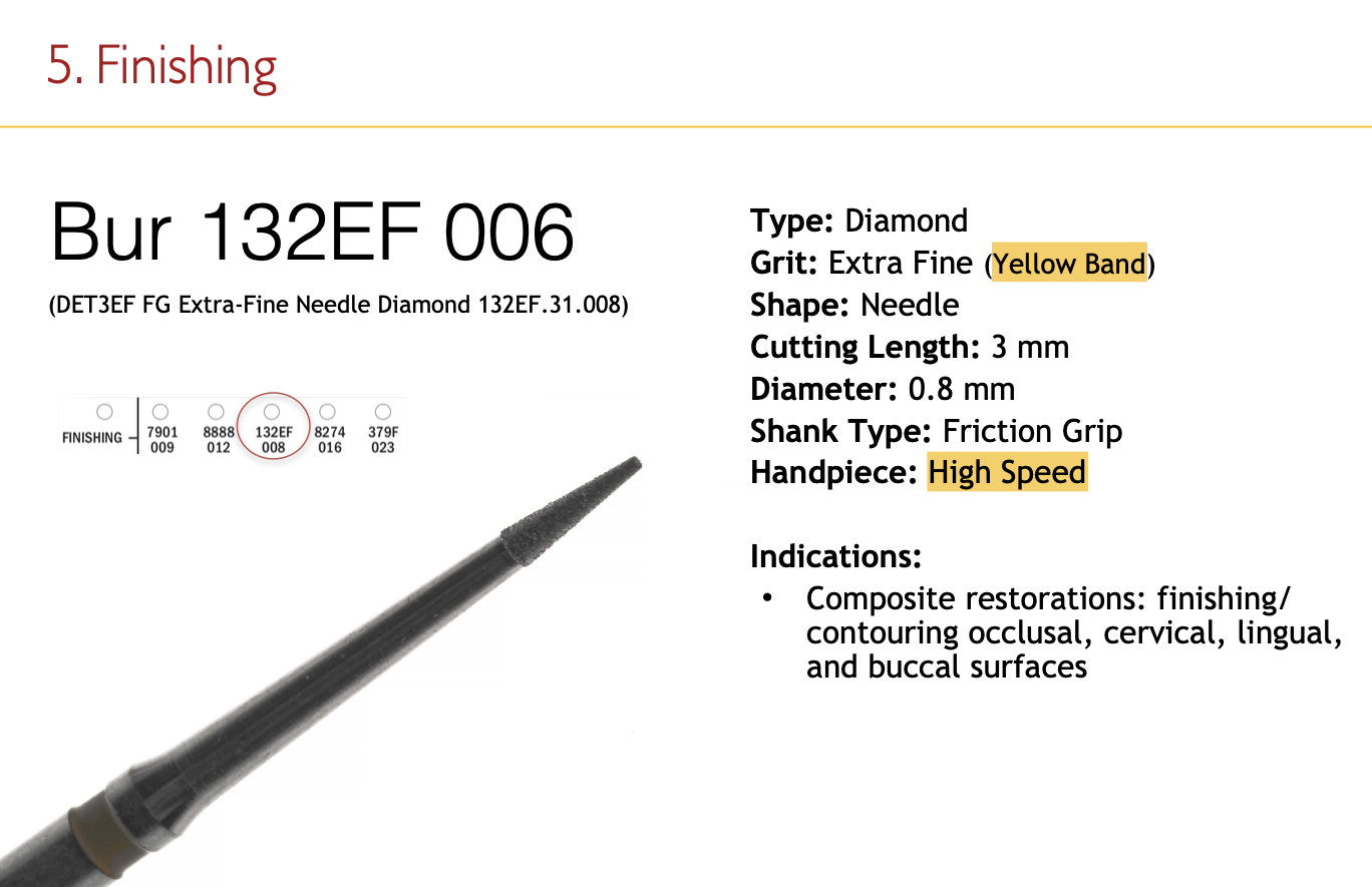 <p>– Needle diamond 0.8 mm, extra fine (yellow) . Finishing/contouring composites (all surfaces). high speed</p><ul><li><p>diameter 0.8</p></li><li><p>cut: 3 mm</p></li></ul><p></p>