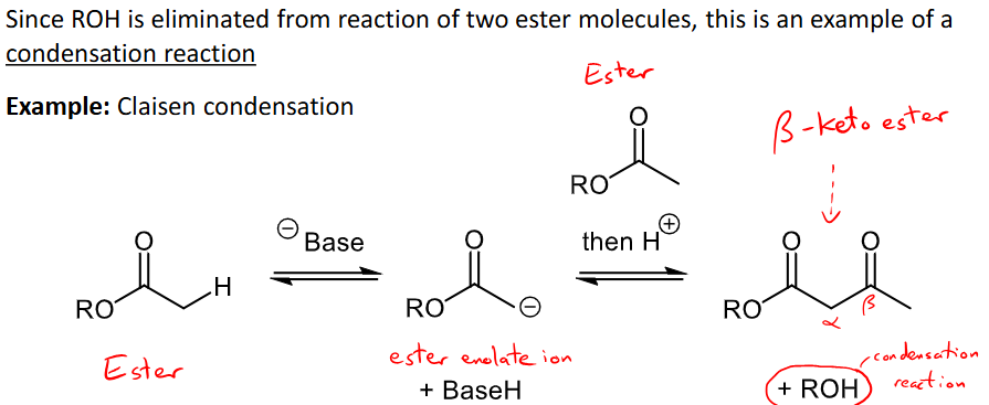 <ul><li><p>2 carboxylic acid derivatives (esters etc), one undergoes alpha substitution and one undergoes nucleophilic acyl substitution </p></li><li><p>ROH is eliminated making it a condensation reaction. </p></li><li><p>E.G Claisen condensation - ester reacts with base to make enolate ion (alpha substitution), then another ester and H+ is added to form a keto ester by ROH by-product. </p></li></ul><p></p>
