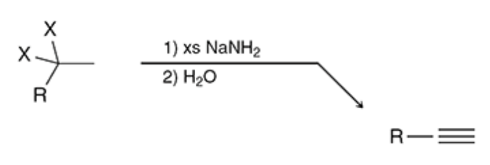 <p>xs NaNh2 adds a triple bond</p>