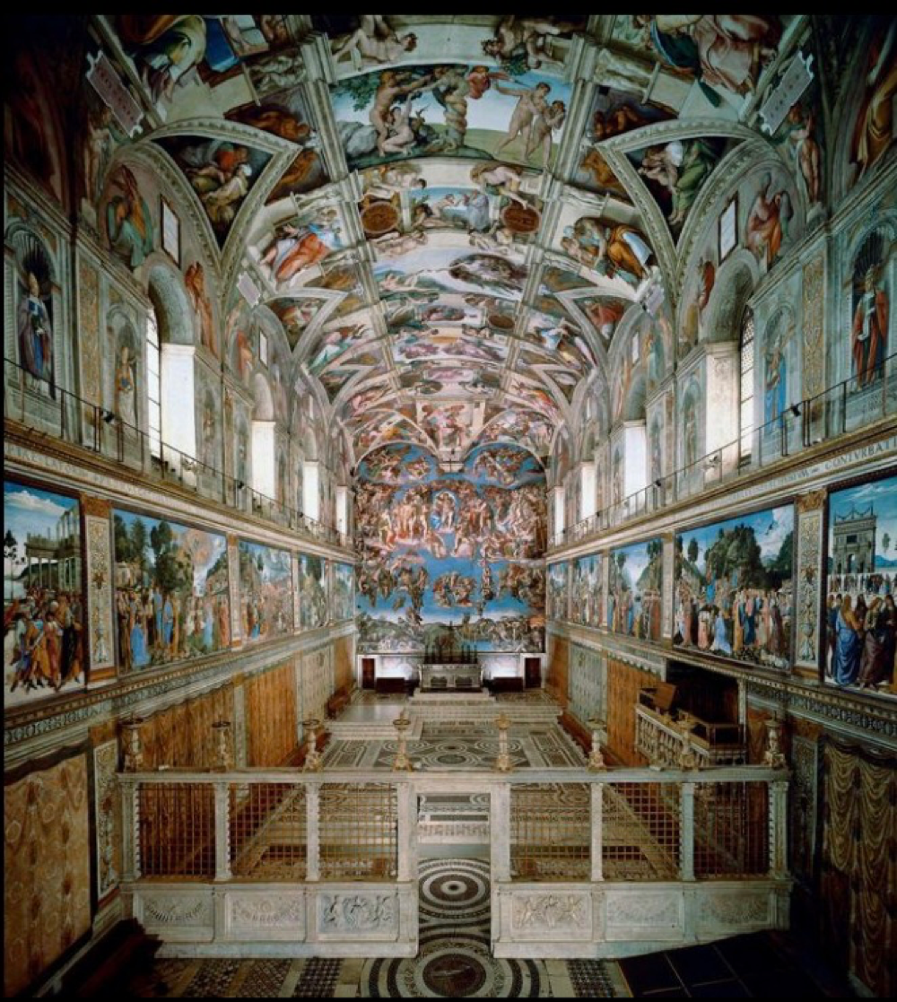 <p>what do the Sistine Chapel Frescoes represent </p>
