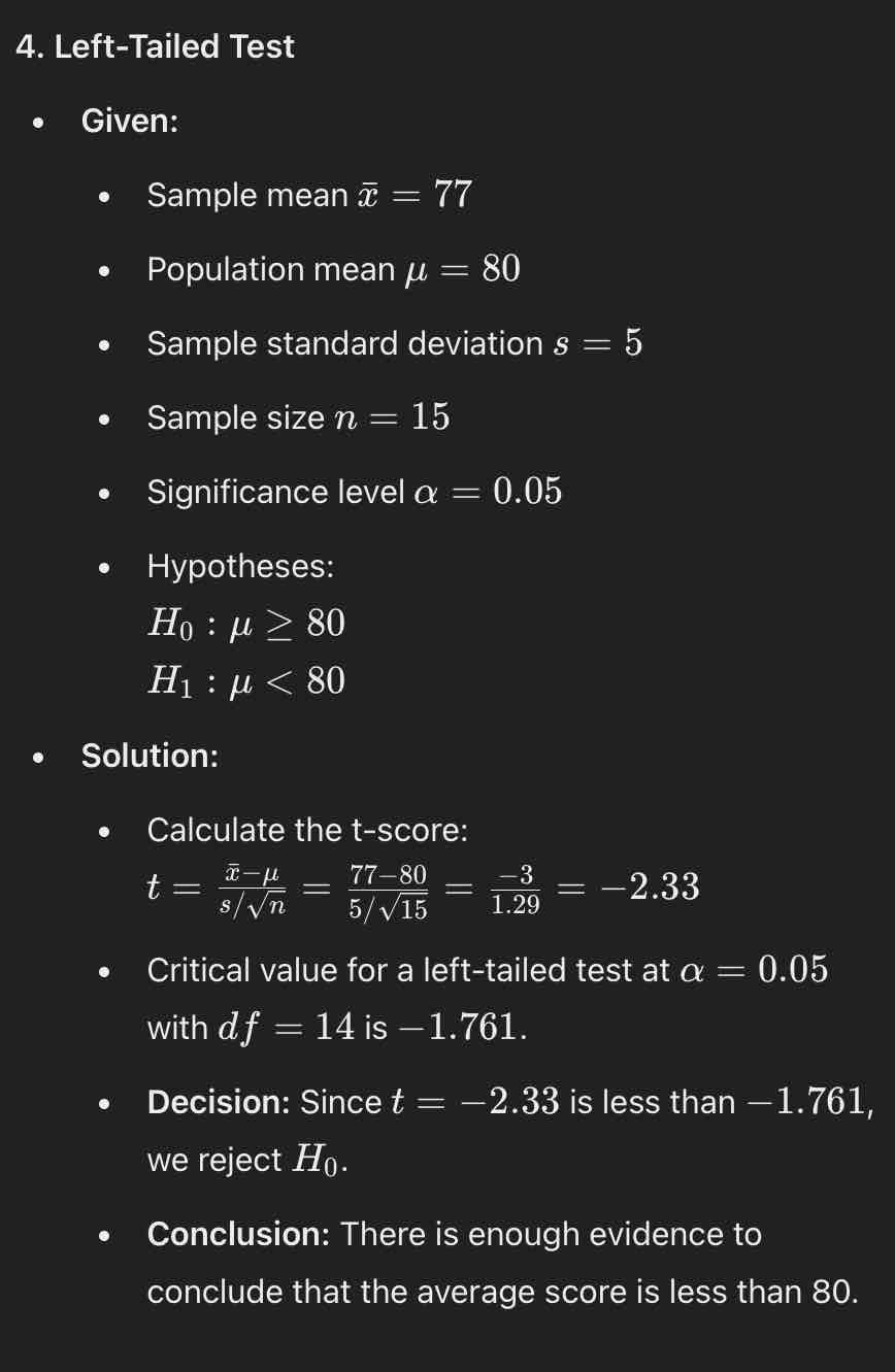 <ul><li><p><strong><u>Z score</u>: </strong>-2.33</p></li><li><p><strong><u>Critical value</u>: </strong>-1.761</p></li><li><p><strong><u>Decision</u>: </strong>Since z = -2.33 is less than -1.761, we reject H0</p></li><li><p><strong><u>Conclusion</u>: </strong>There is enough evidence to conclude that the average score is less than 80</p></li></ul>