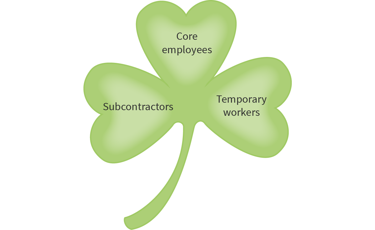 <p>A structure that has three types of employees:</p><ol><li><p><span>Core employees</span></p></li><li><p><span>Contract employees</span></p></li><li><p><span>Temporary workers</span></p></li></ol>